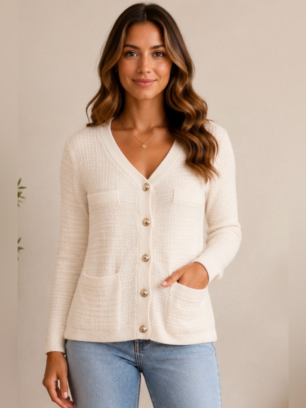 Women’s Cream V-Neck Button Cardigan Sweater XL